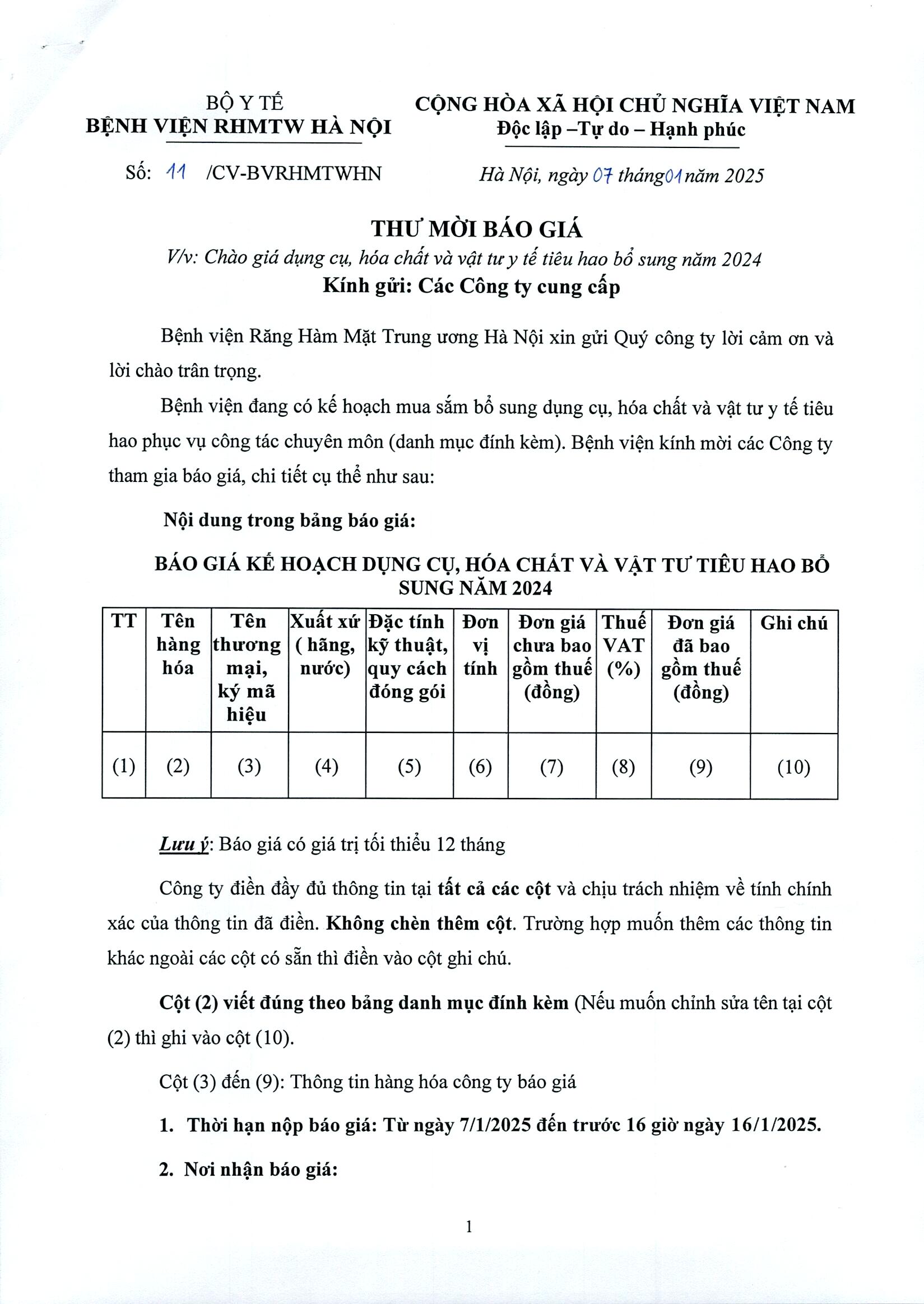 THƯ MỜI BÁO GIÁ DỤNG CỤ, HÓA CHẤT, VẬT TƯ  Y TẾ TIÊU HAO